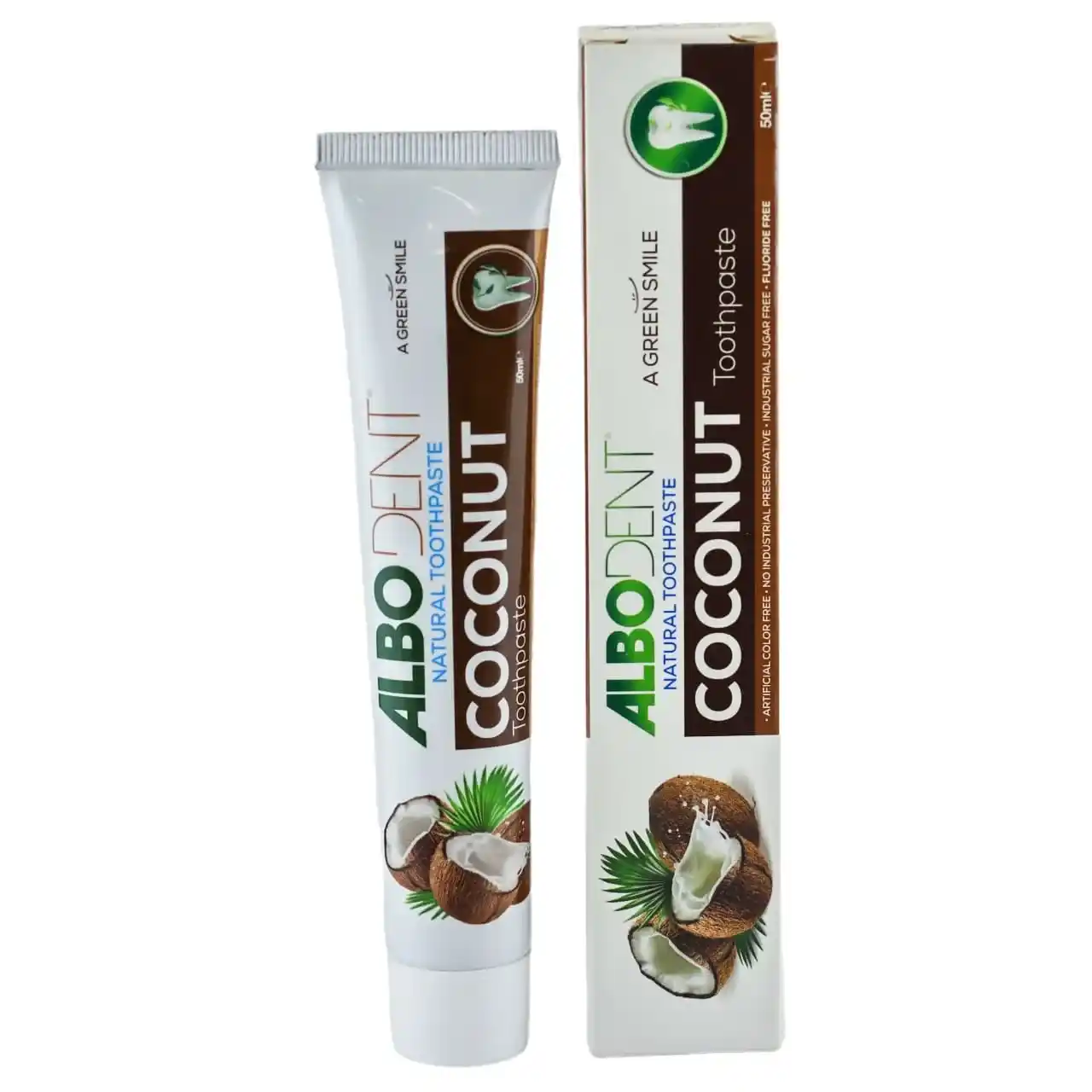 2-خمیردندان حاوی طعم دهنده طبیعی نارگیل آلبودنت - حجم 50 میل-Albodent Natural Toothpaste – Coconut Flavor _ Fluoride-Free-مسواکالا مسواک کالا - mesvakala