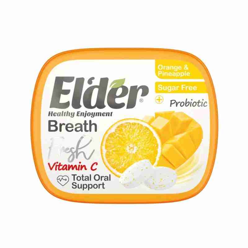 1 قرص خوشبو کننده دهان پروبیوتیک الدر- طعم انبه لیمو- 15g Elder Mango & Lemon Probiotic Breath Fresh Tablets with Vitamin C –15g مسواکالا مسواک کالا mesvakala