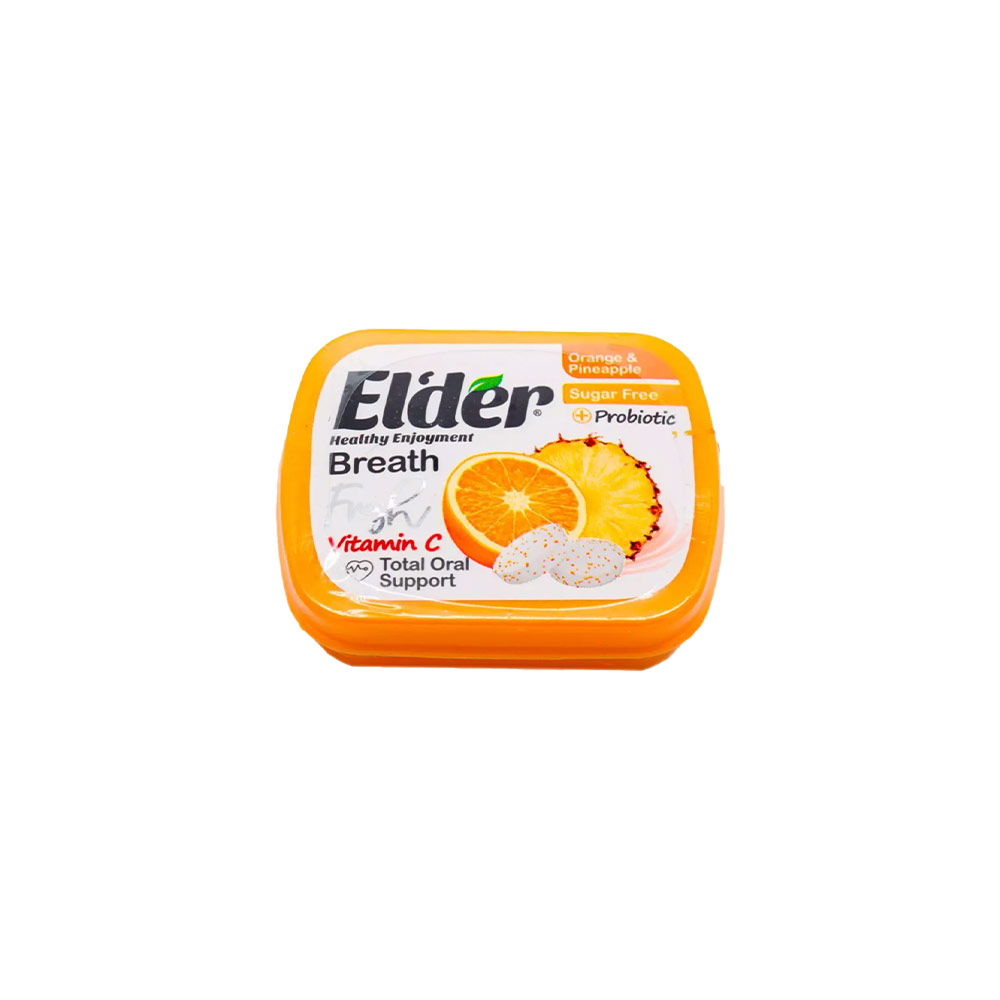 3 قرص خوشبو کننده دهان پروبیوتیک الدر-طعم آناناس پرتقال-15g Elder Orange & Pineapple Probiotic Breath Fresh Tablets with Vitamin C –15g مسواکالا مسواک کالا mesvakala