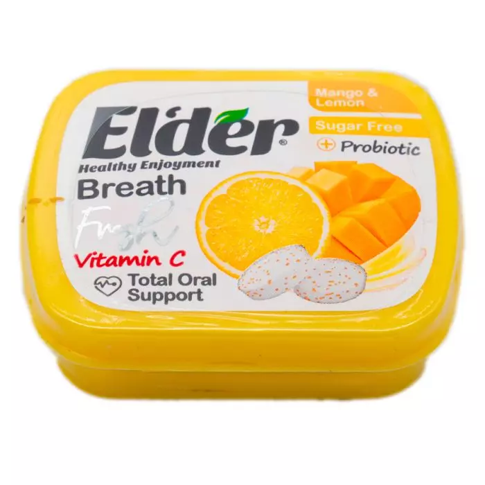 3 قرص خوشبو کننده دهان پروبیوتیک الدر- طعم انبه لیمو- 15g Elder Mango & Lemon Probiotic Breath Fresh Tablets with Vitamin C –15g مسواکالا مسواک کالا mesvakala