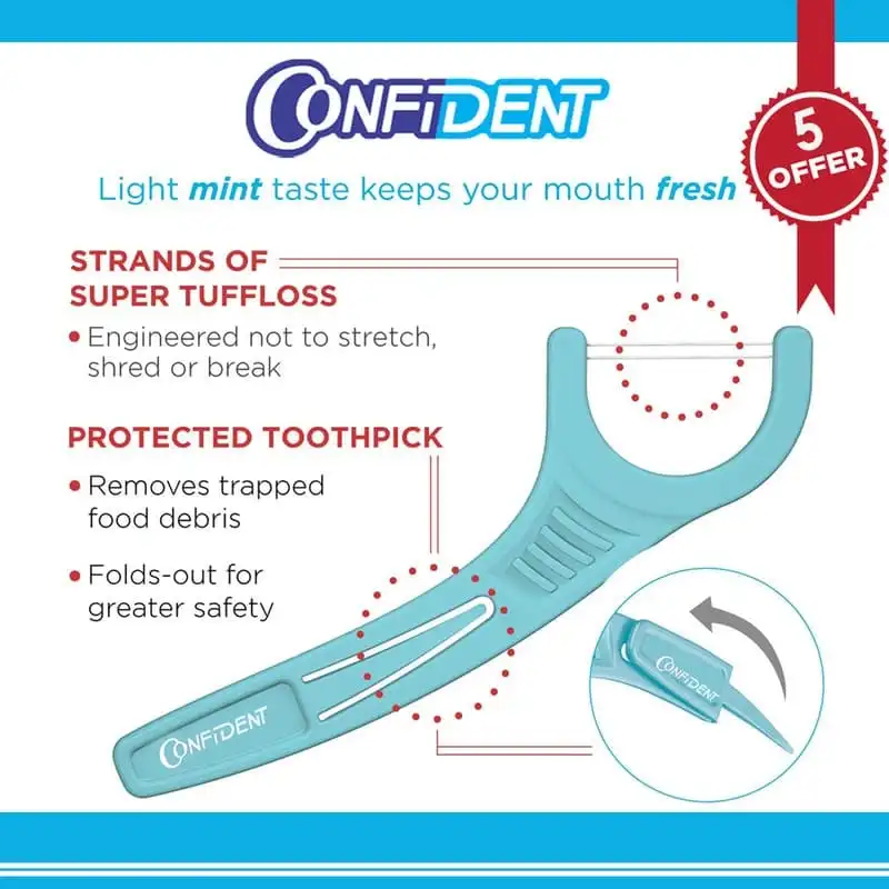 3 نخ دندان کمانی کانفیدنت با عملکرد دوگانه رنگ آبی مسواکالا mesvakala